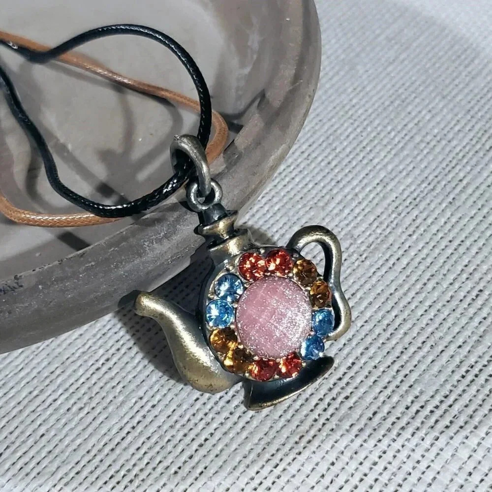 Rustic Antique Bronze Rhinestones Teapot Pendant Necklace Vegan Leather Cord - Picture 5 of 11